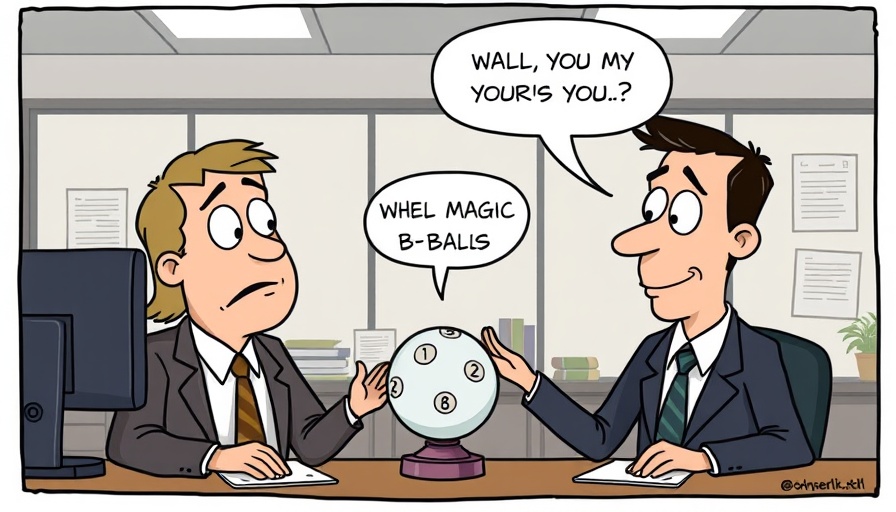 Cartoon of colleagues discussing customer trust using a Magic 8-Ball.
