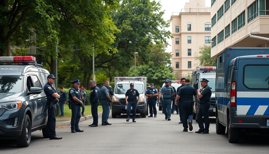 Police gather at ICE facility after shooting, urban backdrop.
