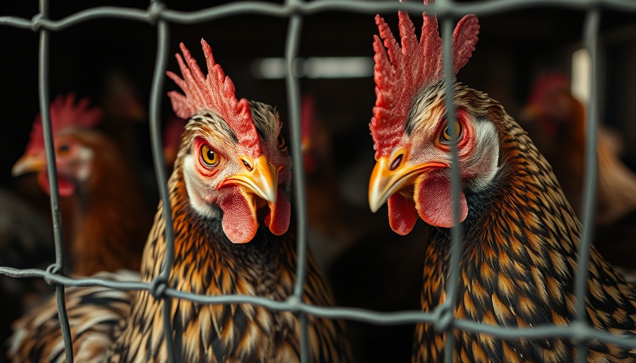 Group of chickens in a coop observing the environment, real-time on-site testing veterinary context.