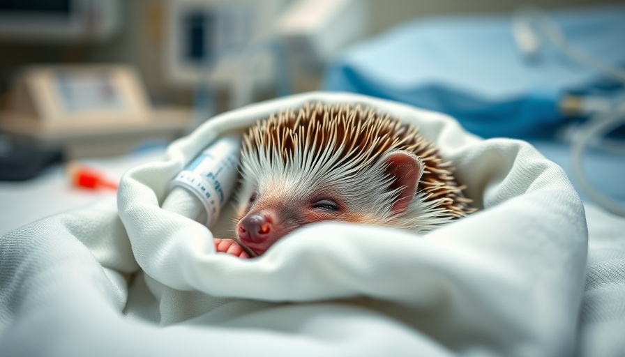 Hedgehog in pain management setup with IV, peaceful expression.