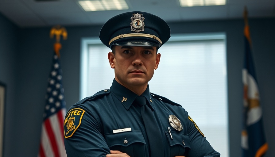 Police officer portrait with flags, related to Ambassador Impact Award.