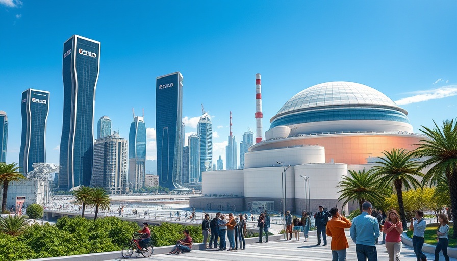 Futuristic city powered by nuclear technology, bright and sustainable.