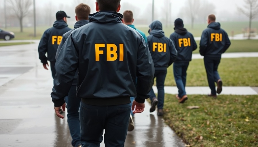 FBI agents in dark jackets with yellow letters walking outside.