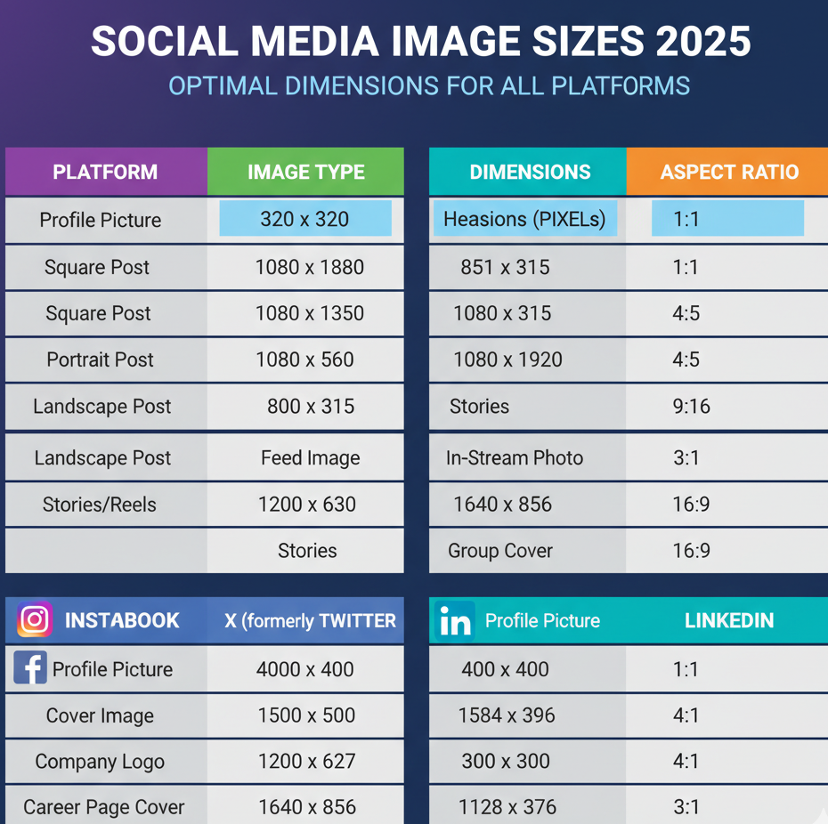 Infographic chart detailing MedSpa social media image sizes for 2025 on a dark blue background.