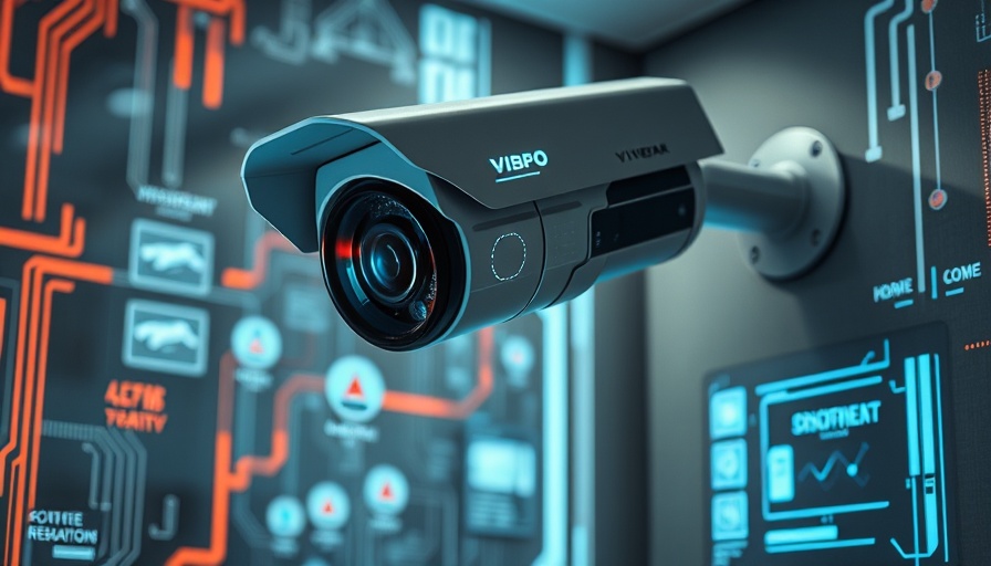 Futuristic surveillance camera with holographic interface for AI gun detection in schools.
