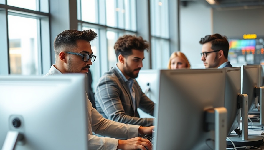 Tech workers engaging with AI in a modern office.