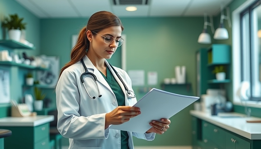 Veterinarian reviewing documents in a modern clinic setting.
