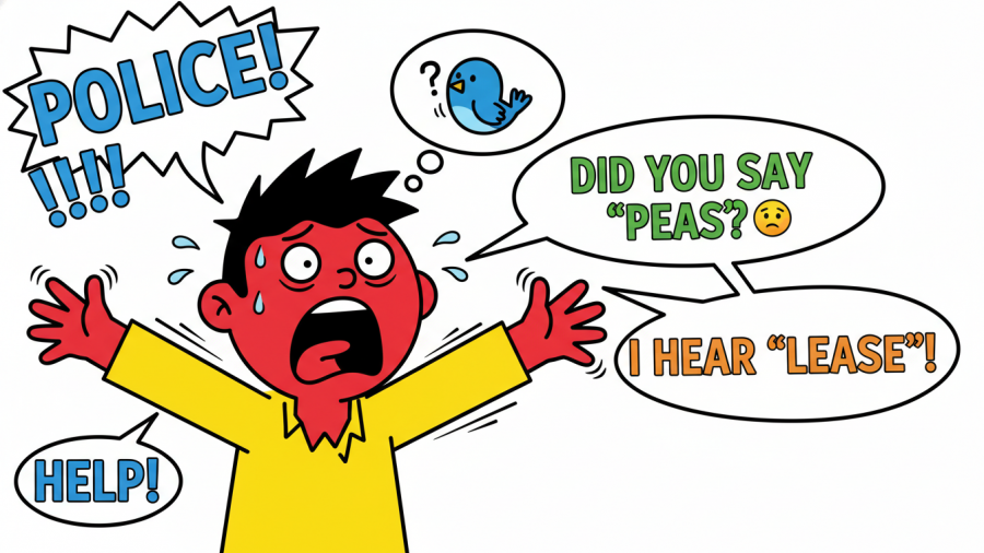 Cartoon man humorously expresses communication challenges in policing technology.