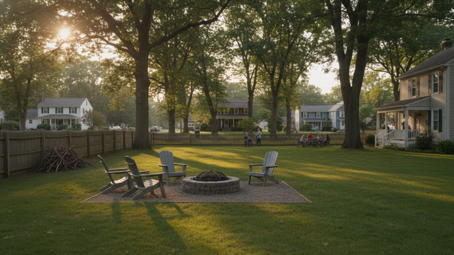 Peaceful New York neighborhood at golden hour, showcasing community harmony and natural beauty.