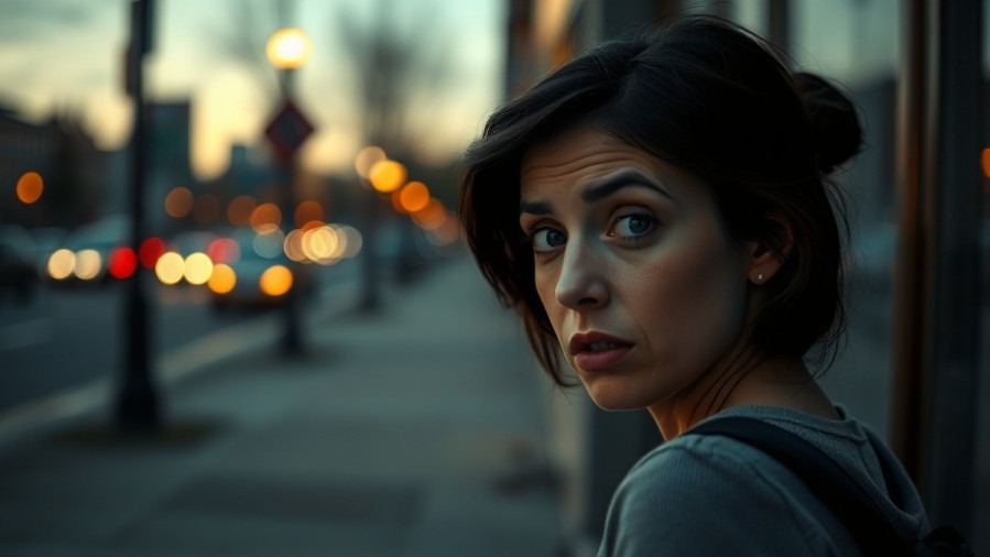Concerned woman on city sidewalk at dusk, highlighting community trust in police.