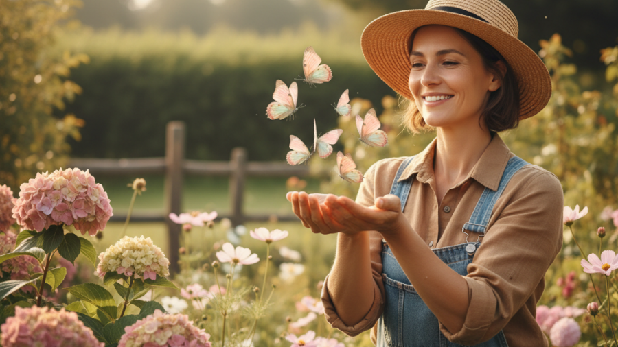 Joyful gardener releasing butterflies in blooming flowers, golden hour glow.