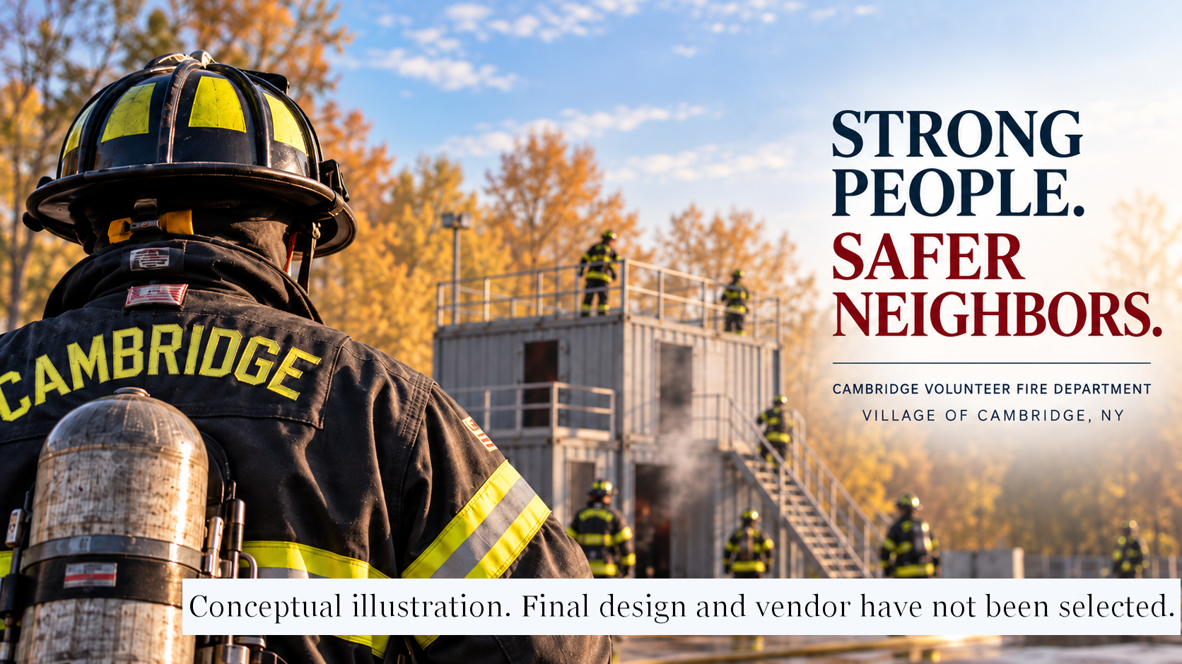 Cambridge firefighter in turnout gear facing a compact modular firefighter training structure while other firefighters train on and around the facility. Text reads: “Strong People. Safer Neighbors.”