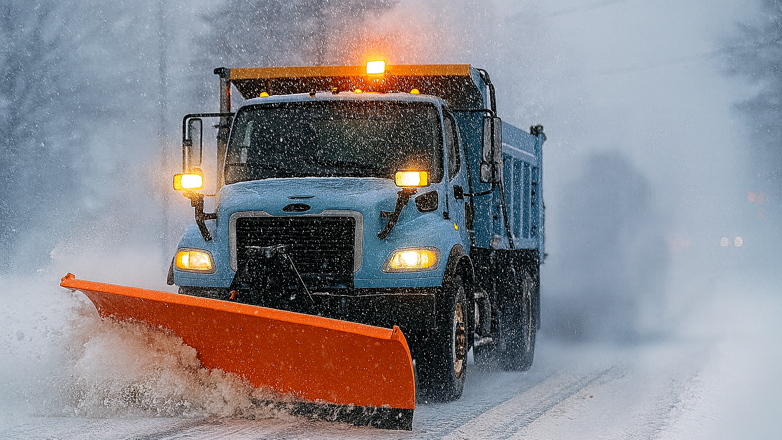 Light blue village snowplow with orange blade clearing a snow-covered street at dawn.