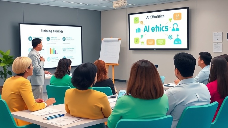 group of employees engaged in a workshop, with a trainer presenting AI ethics concepts on a large screen.