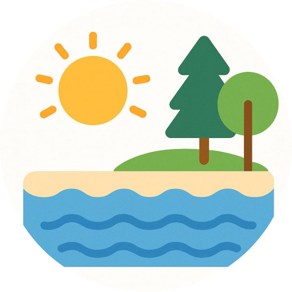 Playful lakeside summer camp icon with sun and waves, flat vector style.