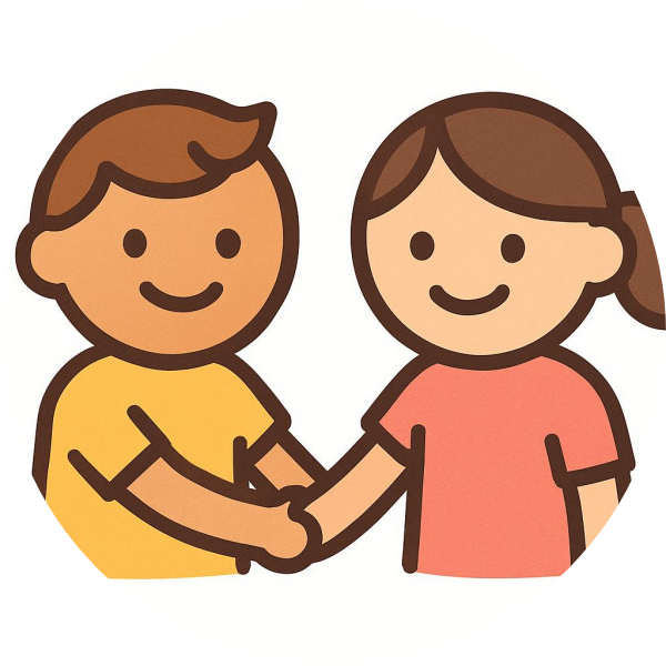 Flat vector icon of two smiling children symbolizing friendship and community for youth summer camp.