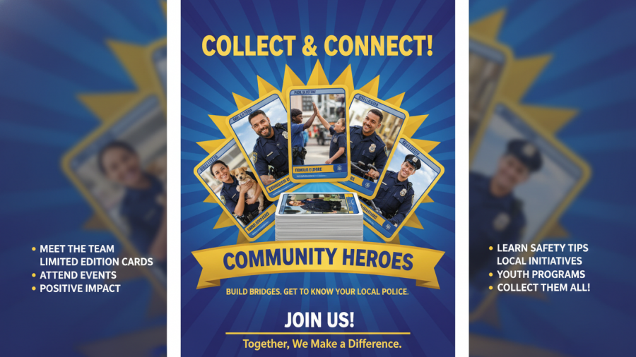 Colorful community policing flyer featuring smiling officers on trading cards.