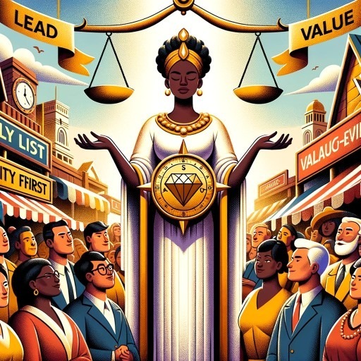 An illustration of a woman in a white robe and gold crown, holding scales with ‘LEAD’ on one side and ‘VALUE’ on the other. She stands above a crowd of people in suits, set against a cityscape with buildings and a clock tower. Banners in the background read ‘QUALITY FIRST’ and ‘VALUE'