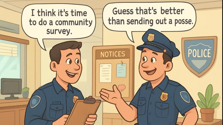 Humorous cartoon of police engaging in community programs, discussing questionnaire.
