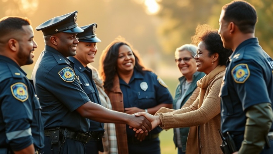Community policing: diverse officers and community members shaking hands, smiling in golden hour light.
