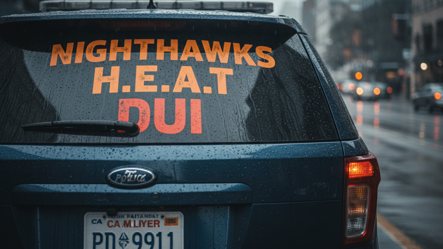 Close-up of police SUV with 'NIGHTHAWKS H.E.A.T. DUI' emphasizing law enforcement accountability.