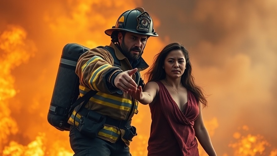 Firefighter and distressed woman embodying first responder collaboration and officer wellness.