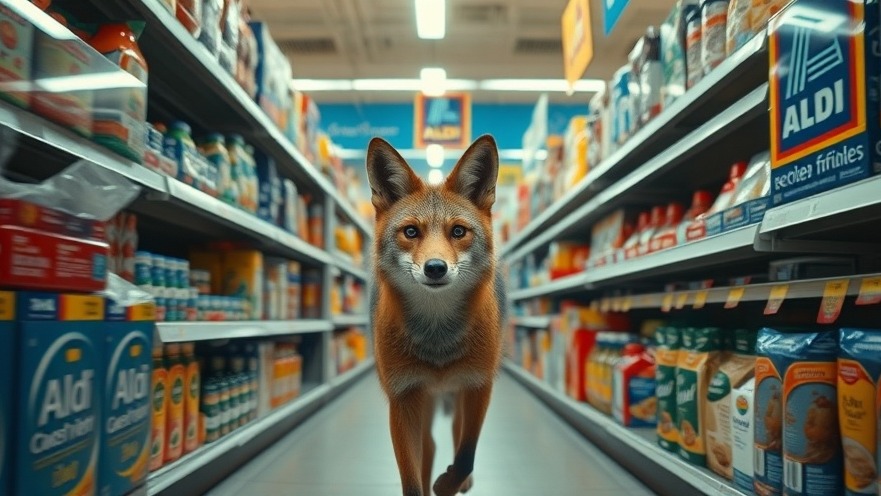 Urban wildlife in grocery store with security officer, bright setting.