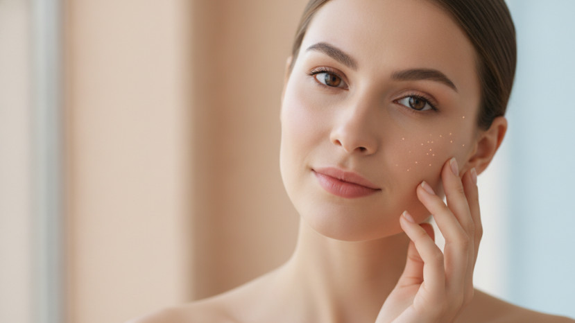 Confident woman with smooth skin showcases aesthetic dermatology post-laser treatment glow.