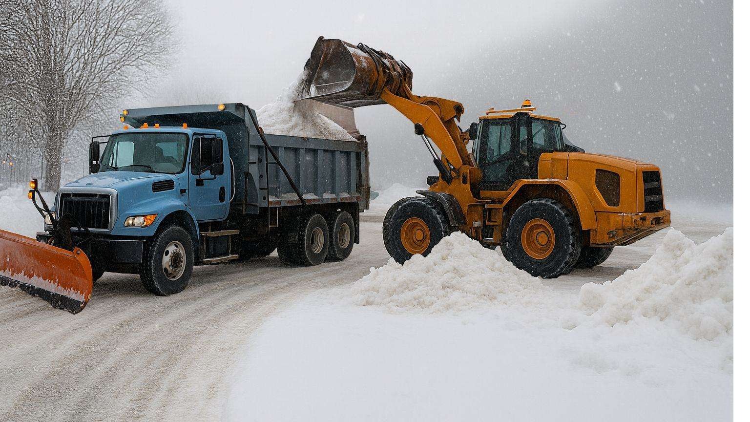 Municipal snowplow operating at night with traffic cones and warning lights set up for a temporary work zone.