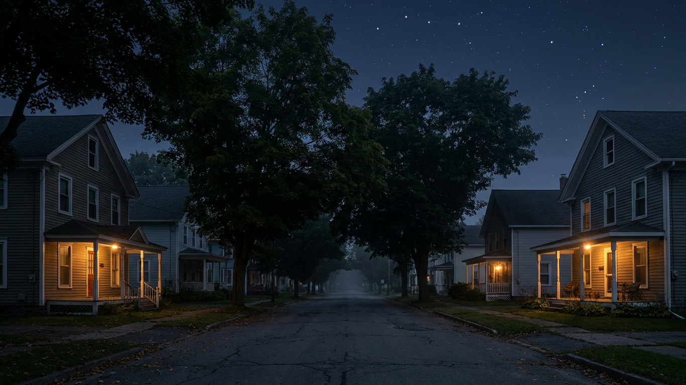 Illustration of a quiet village street at night with warm porch lights and stars visible above mature trees.