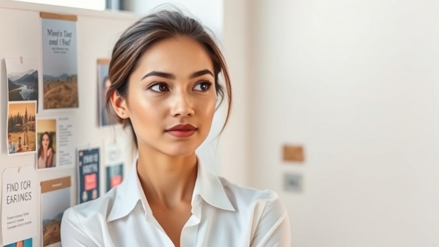 Confident female professional contemplating business growth strategies with a vision board.