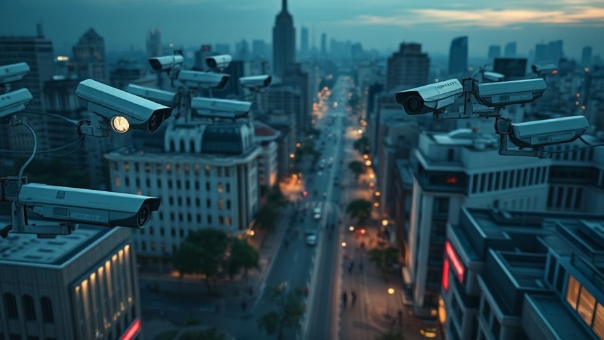 aerial view of a bustling urban cityscape at dusk, with numerous AI-powered surveillance cameras mounted on streetlights and buildings.