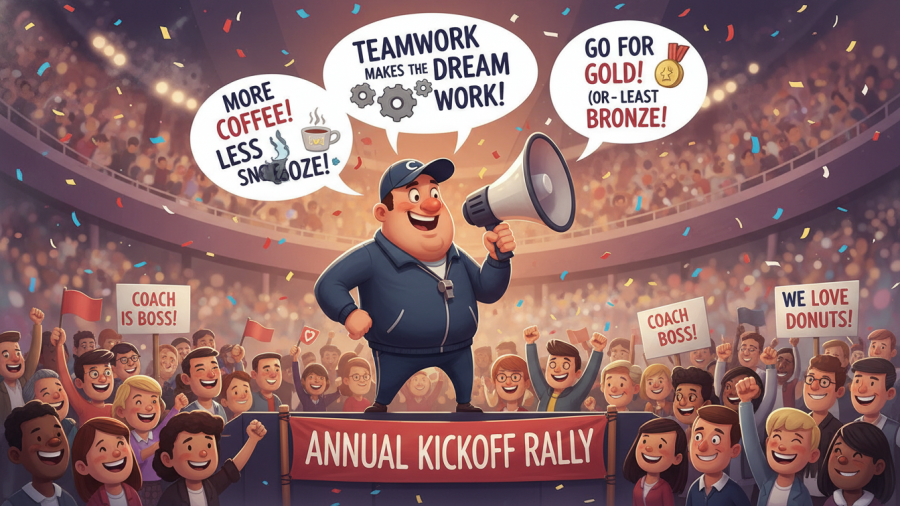 Cartoon of a coach rallying a crowd about Community Policing and Officer Wellness.