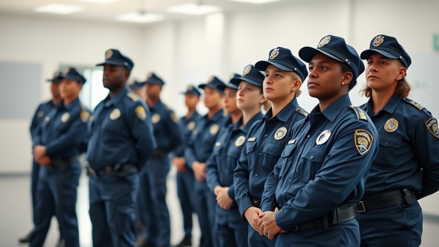 Diverse police recruits in sharp uniforms signify community trust and officer wellness.