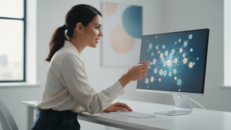 Confident female digital marketing strategist analyzing data for an effective SEO strategy.