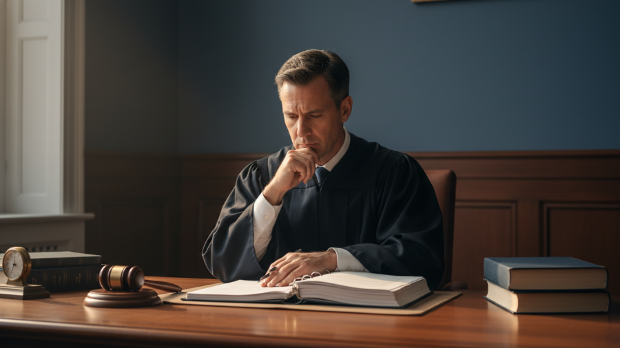 Thoughtful federal judge in courtroom, reflecting on police accountability issues.