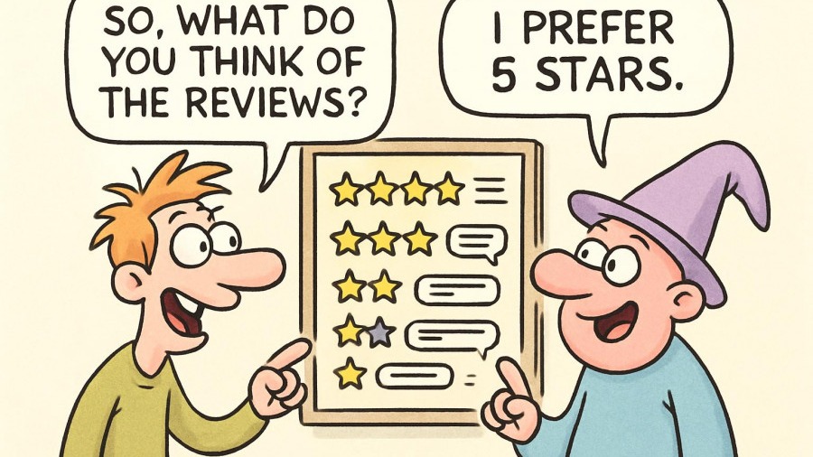 Whimsical cartoon characters discussing patient communication and reviews in a medical spa.