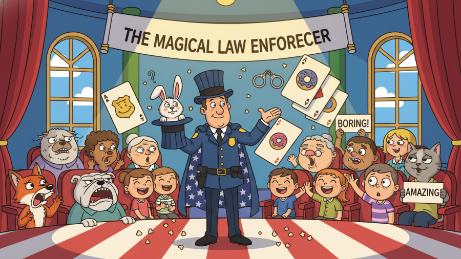 Community policing illustrated with a colorful police officer magician entertaining an audience.