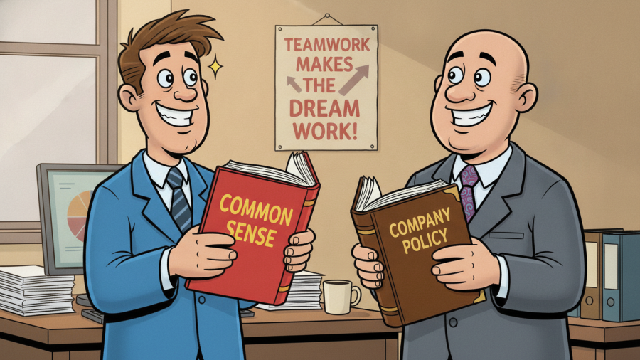 Humorous cartoon showcasing customer service strategies in a vibrant office.