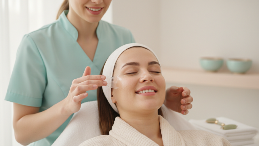 Happy medspa client enjoying a facial treatment, showcasing customer loyalty and satisfaction.
