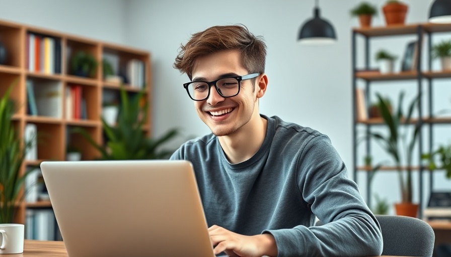 Smiling man using laptop in non-profit organization setting