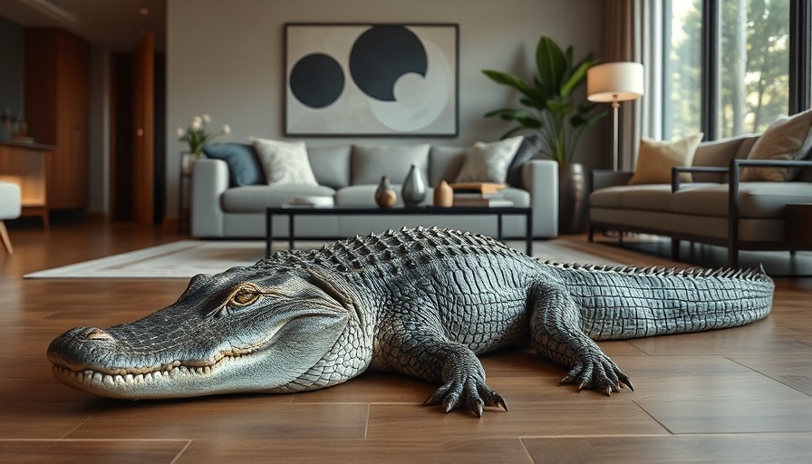 Gator breaks into home and rests in a modern living room corner.