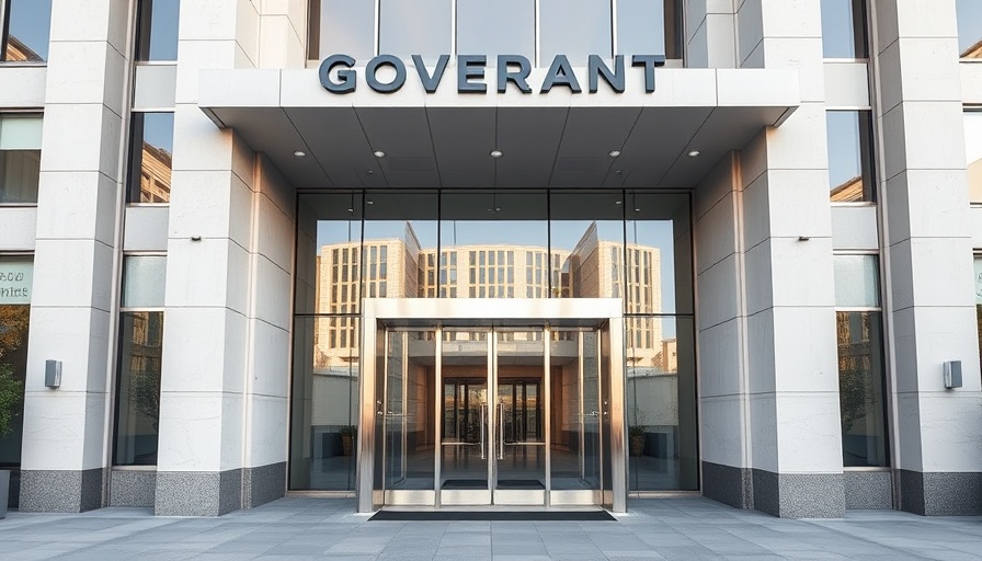 Modern government building entrance reflecting recent news.