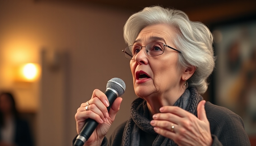 Elderly woman speaking into microphone indoors, warm lighting.