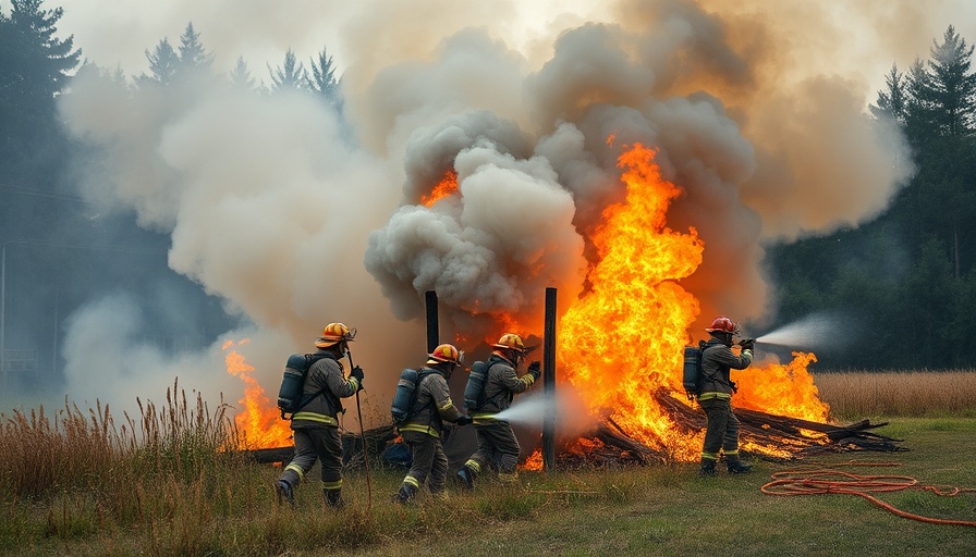 Fire trucks respond to Tice barn fire with smoke billowing.