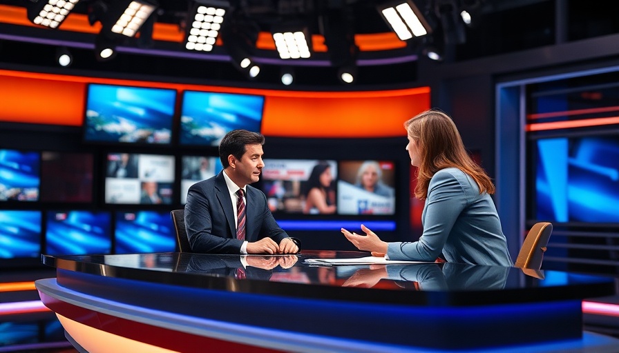 Two news anchors in a modern studio discussing sun coast recent news.