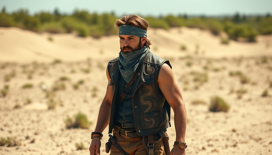 A man in a dragon-embroidered vest walks through a sandy area with greenery.