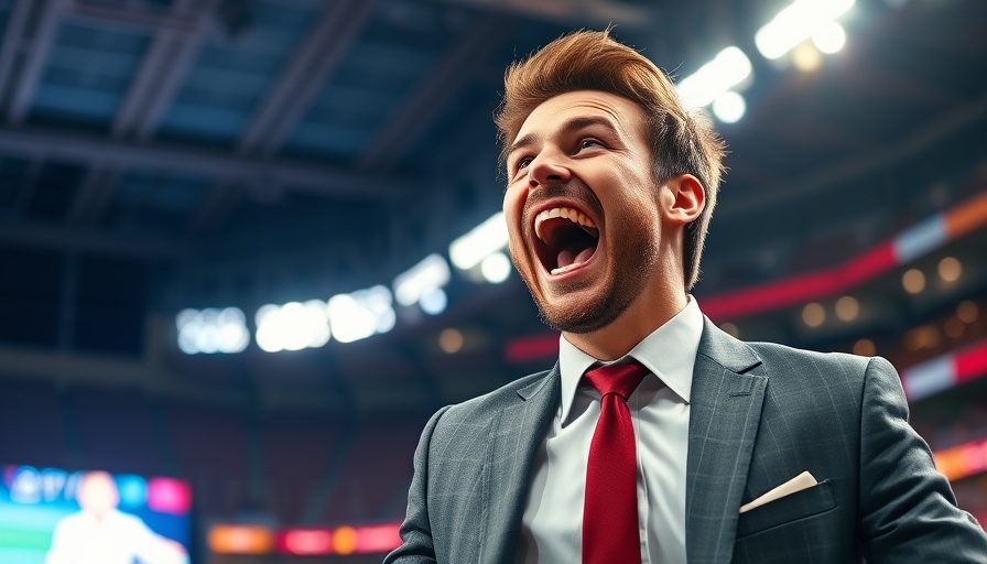 Florida basketball championship celebration with excited man in suit.