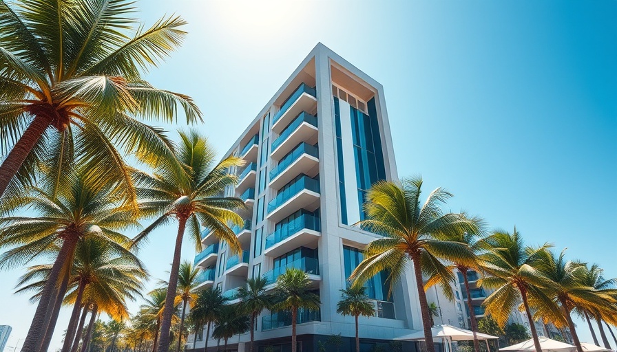 Modern building in Florida with palm trees, clear sky.