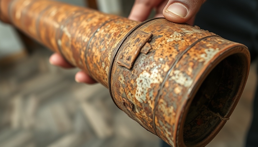 Heavily corroded sewer pipe with visible damage, free inspection and replacement of sewer pipes